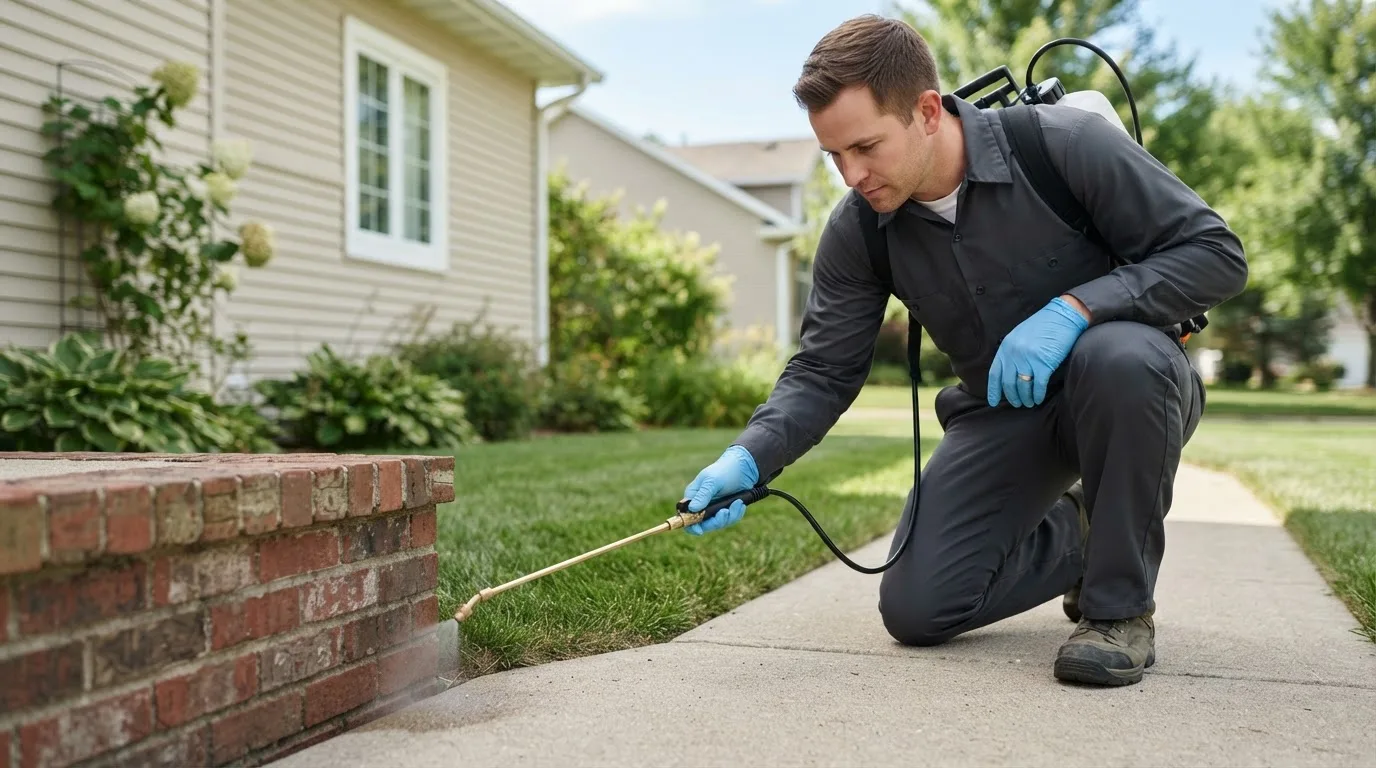 Pest control technician treating a home near Terril, IA