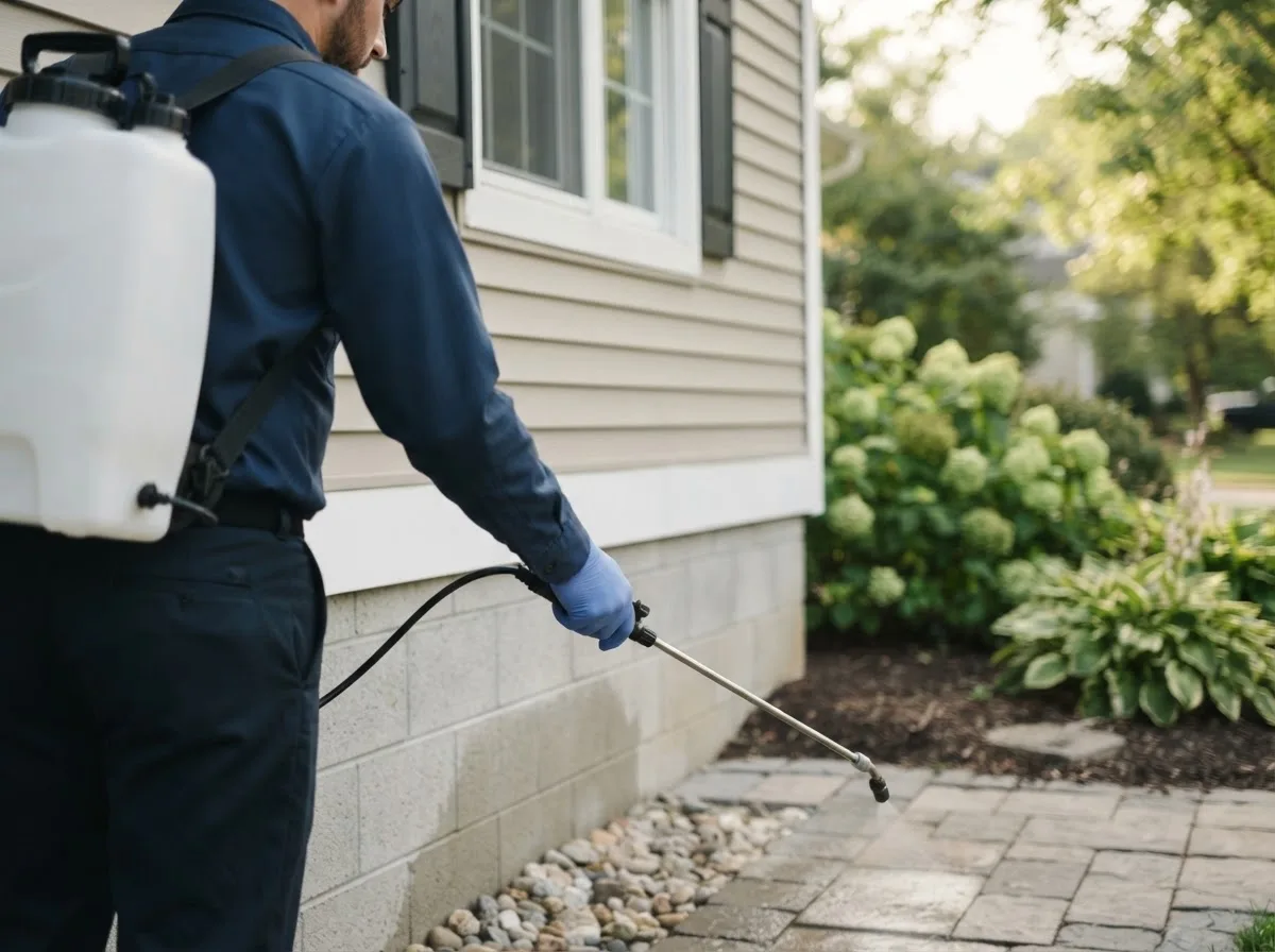 Pest control technician inspecting a home in Terril, IA